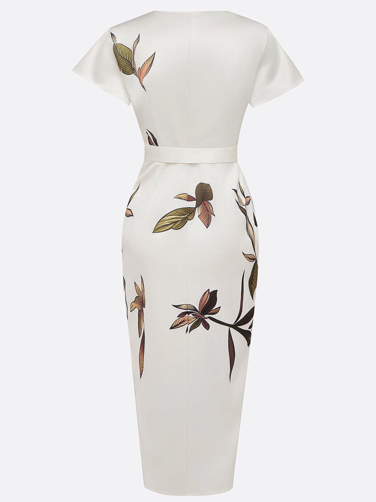 Women's Floral Wrap Midi Dress in Soft Drape Fabric with Leaf Print for Garden Parties Summer Weddings Afternoon Tea | Koossa