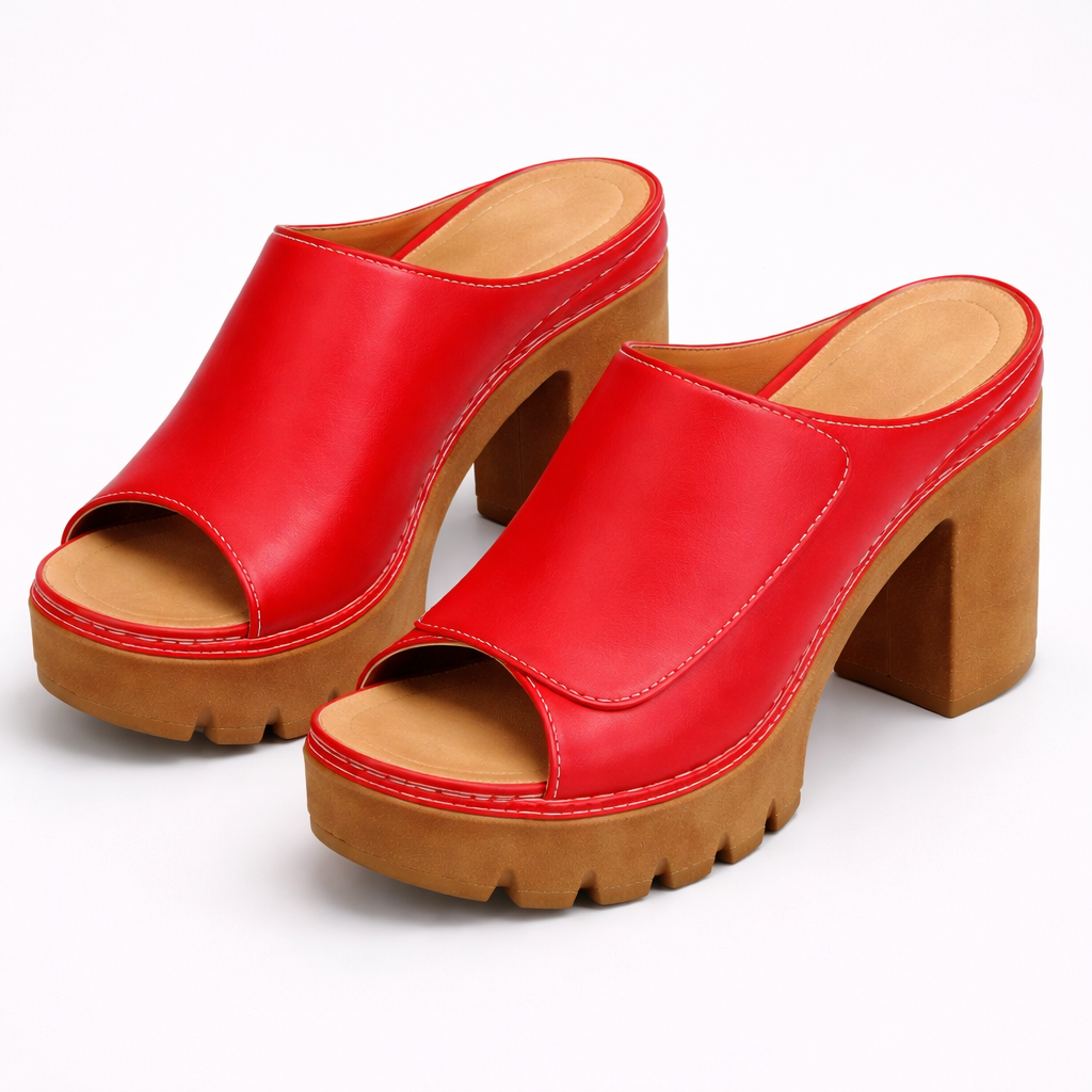 Women's Platform Heels with Ankle Strap and Cushioned Sole in Brown, Black, Beige, White & Red – Elegant Occasion Footwear with Stable Block Heel for Confident All-Day Wear | Koossa