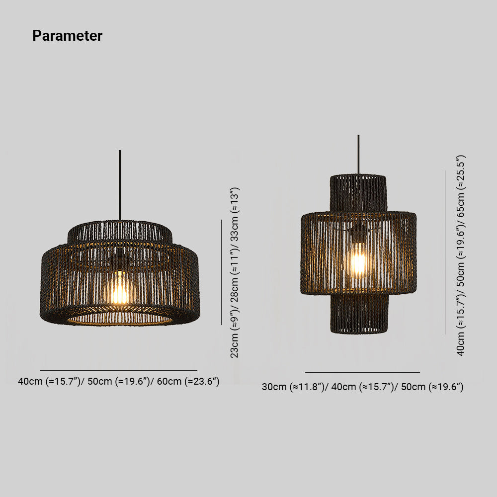 Hand-Woven Rattan Drum Pendant Light Black Metal Farmhouse Ceiling Fixture E27 Hanging Lamp for Dining Room Kitchen Island Bedroom | Lonoma