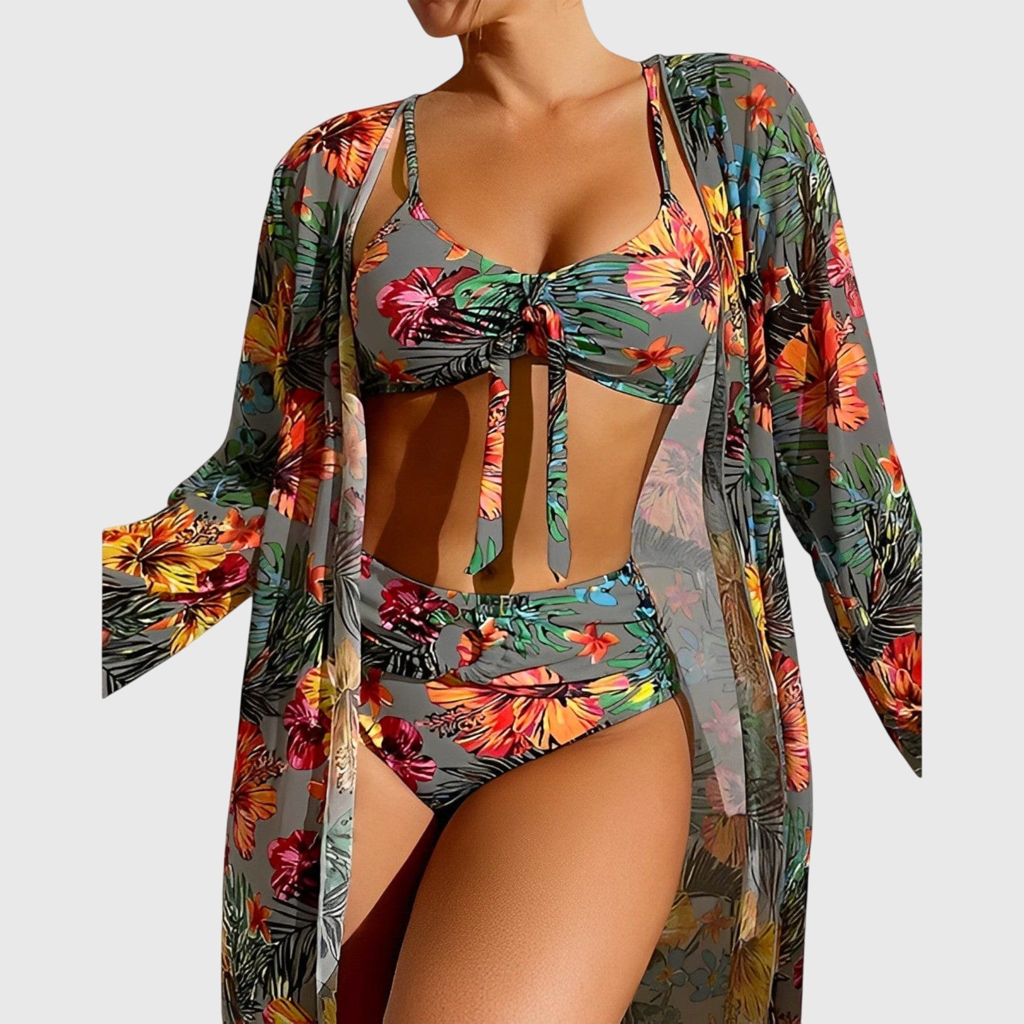 Women's Tropical Print Bikini Set with Tie-Front Top and High-Rise Bottoms for Beach and Resort | Koossa