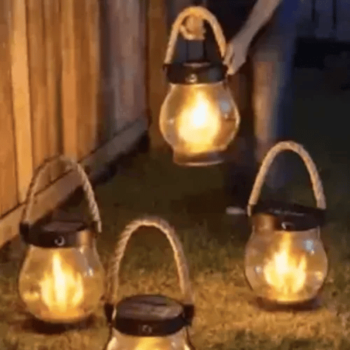 Lanterne Solaire à Poser Effet Flamme 22 LED Chanvre Jardin Terrasse Balcon Extérieur Étanche Éclairage Autonome | Koossa