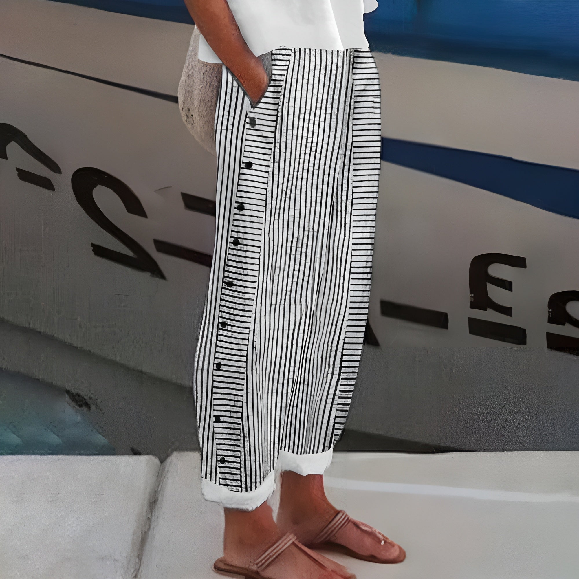 Women's Striped Cropped Trousers with Button Detail in Blue, Black, Grey & Pink – Relaxed Fit Cotton Blend Summer Trousers for Casual Days, Holidays, and Weekend Wear | Koossa