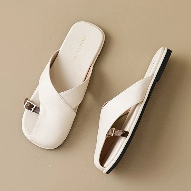 Cross-Strap Leather Sandals Square Toe Slip-On Slides Ivory Khaki Buckle Detail Cushioned Footbed Summer Footwear | Koossa