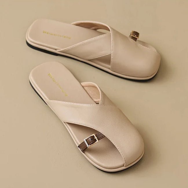 Cross-Strap Leather Sandals Square Toe Slip-On Slides Ivory Khaki Buckle Detail Cushioned Footbed Summer Footwear | Koossa