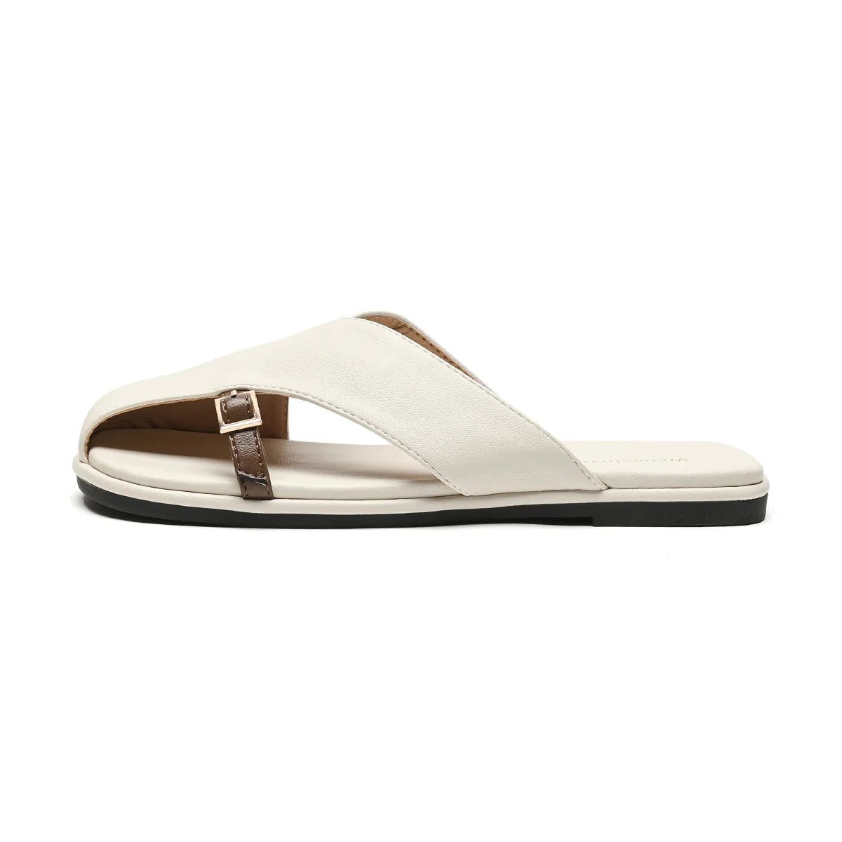 Cross-Strap Leather Sandals Square Toe Slip-On Slides Ivory Khaki Buckle Detail Cushioned Footbed Summer Footwear | Koossa
