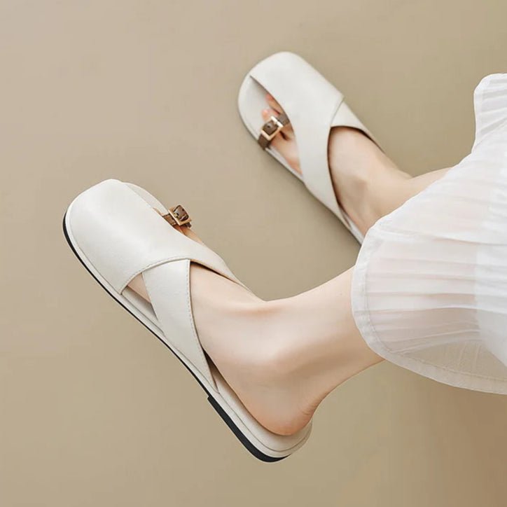 Cross-Strap Leather Sandals Square Toe Slip-On Slides Ivory Khaki Buckle Detail Cushioned Footbed Summer Footwear | Koossa