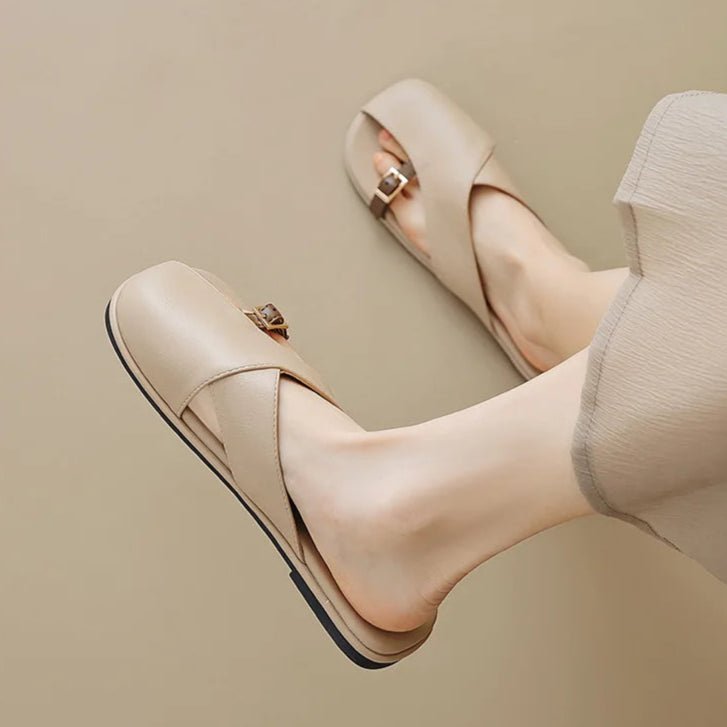 Cross-Strap Leather Sandals Square Toe Slip-On Slides Ivory Khaki Buckle Detail Cushioned Footbed Summer Footwear | Koossa