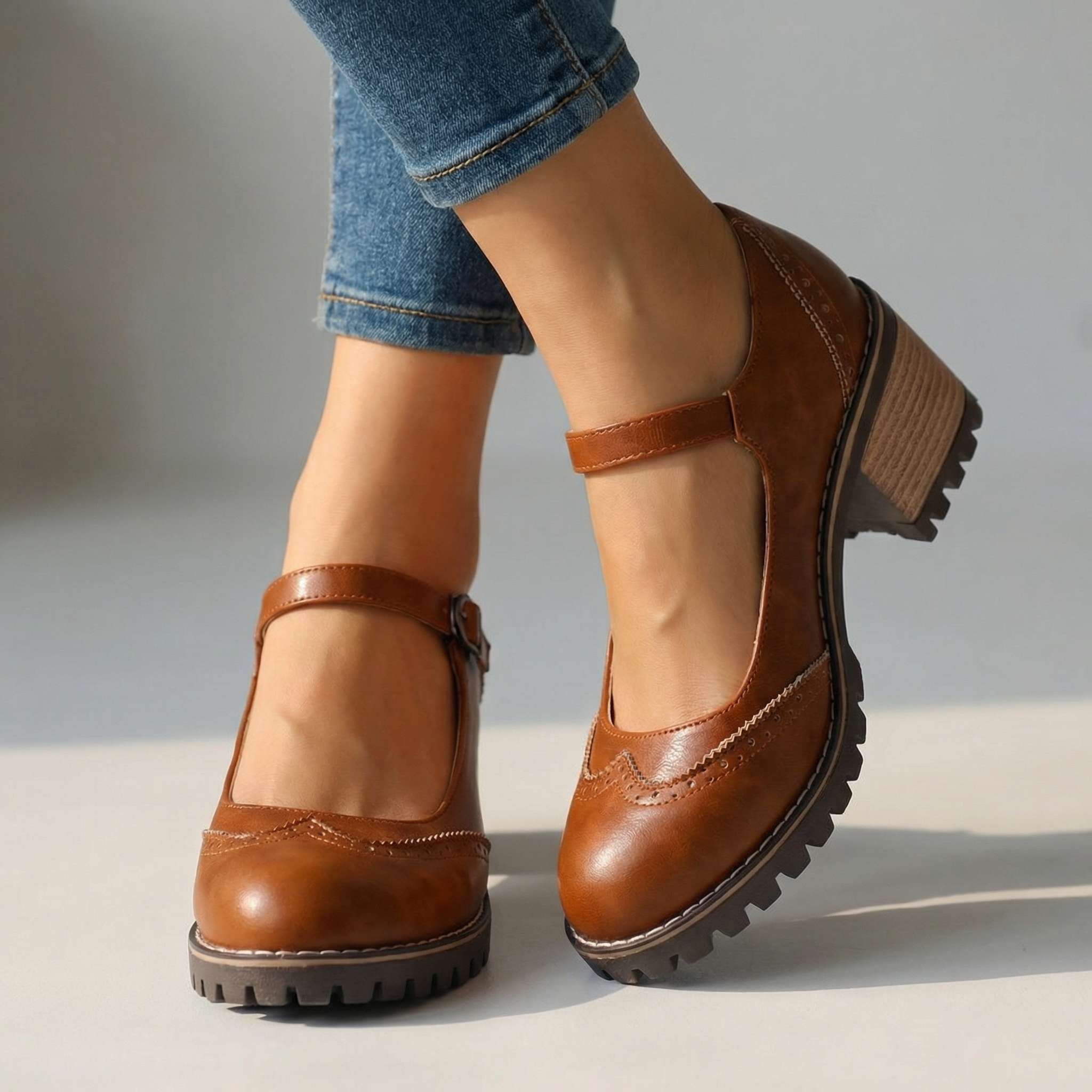 T-Strap Closed Toe Block Heels in Premium Leather with Cushioned Footbed and Supportive Arch for All-Day Comfort | Koossa