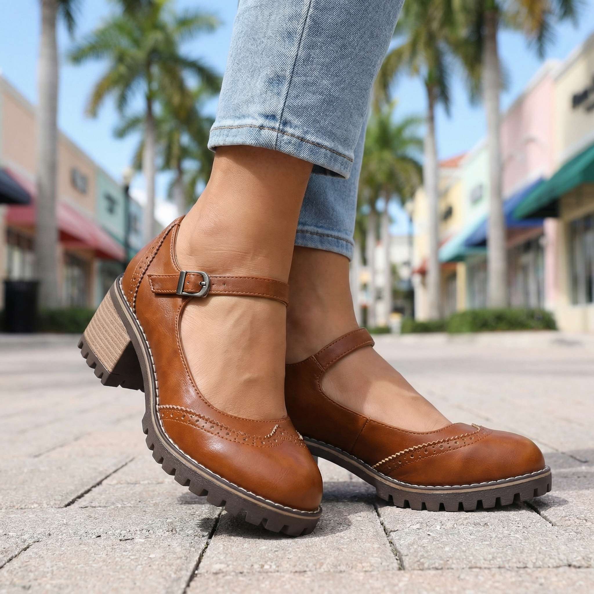 T-Strap Closed Toe Block Heels in Premium Leather with Cushioned Footbed and Supportive Arch for All-Day Comfort | Koossa