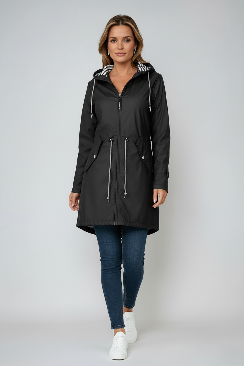 Women's Longline Hooded Waterproof Raincoat with Adjustable Waist and Flap Pockets | Koossa