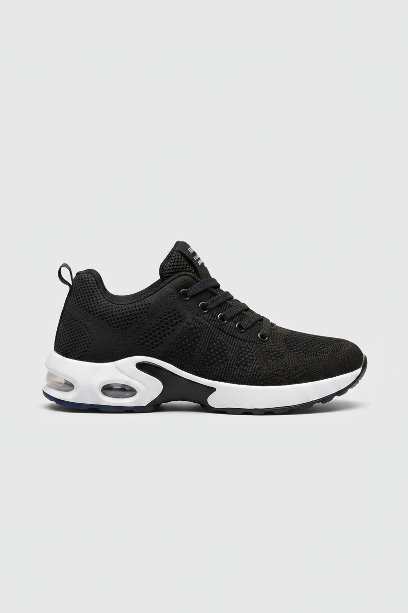 Women's Air-Cushioned Mesh Trainers in Black, White & Pink | Lightweight Breathable Sneakers for Walking Gym Everyday Comfort | Koossa