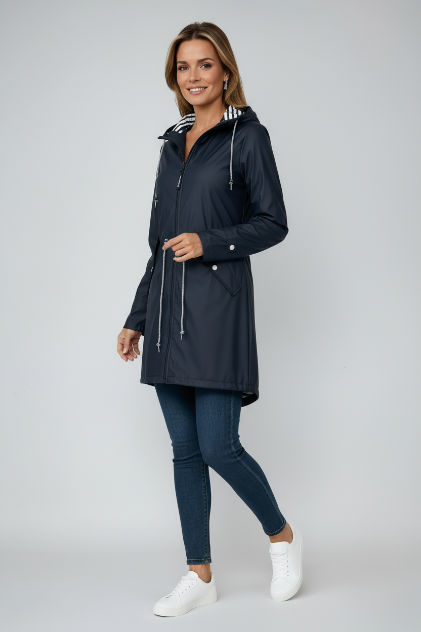 Women's Longline Hooded Waterproof Raincoat with Adjustable Waist and Flap Pockets | Koossa