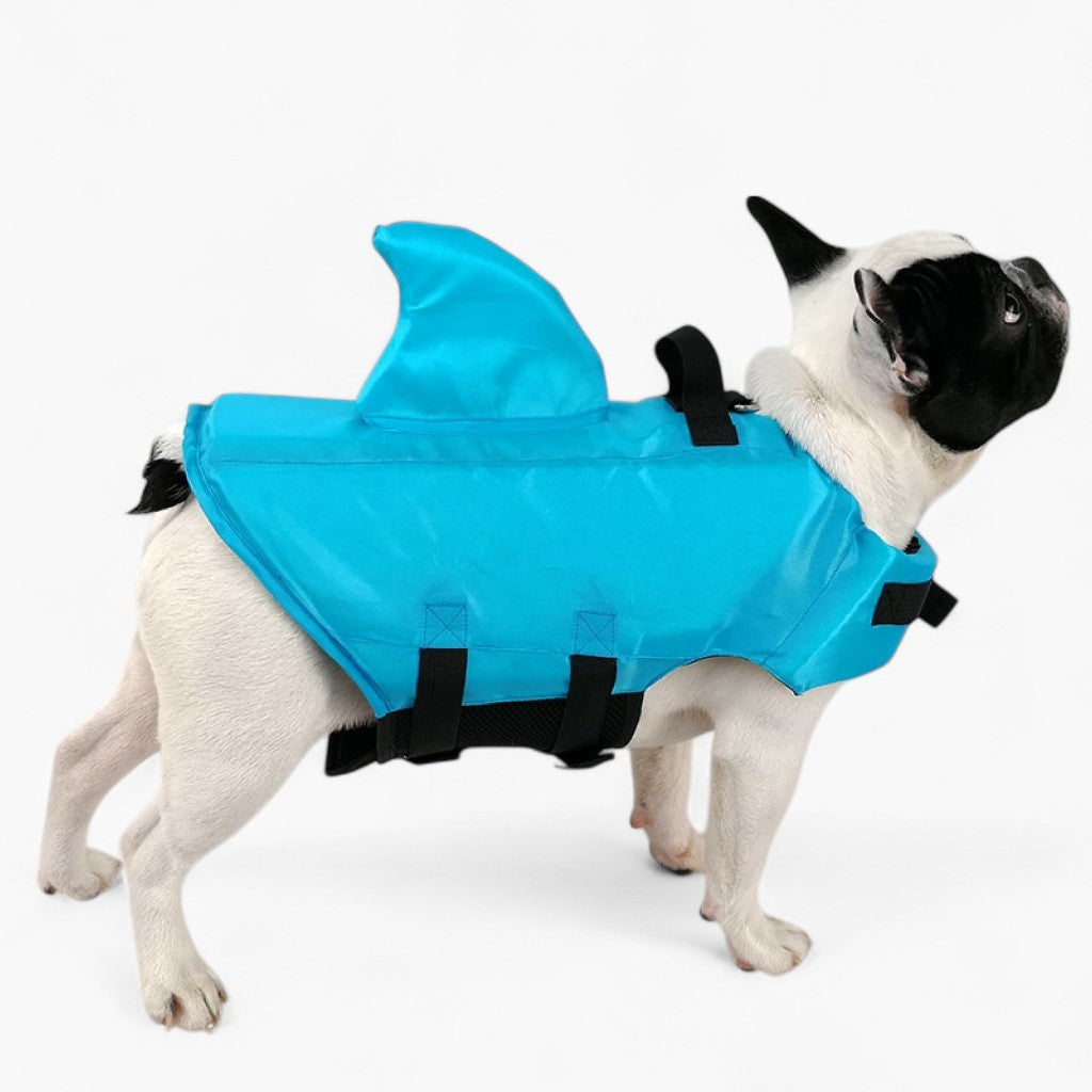 Dog Life Jacket Shark Fin Buoyant Diving Fabric French Bulldog Swim Vest Quick-Release Buckle Grab Handle D-Ring Water Safety | Koossa