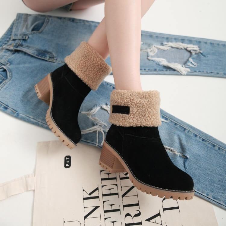 Women's Foldover Ankle Boots in Black, Brown & Grey for Autumn Days | Warm Block Heel Winter Footwear with Cushioned Lining | Koossa