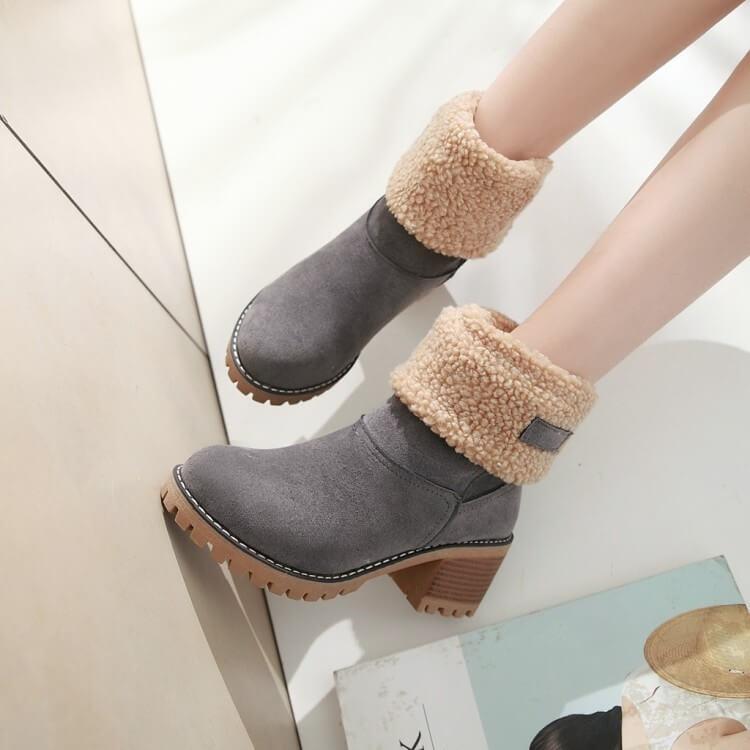 Women's Foldover Ankle Boots in Black, Brown & Grey for Autumn Days | Warm Block Heel Winter Footwear with Cushioned Lining | Koossa