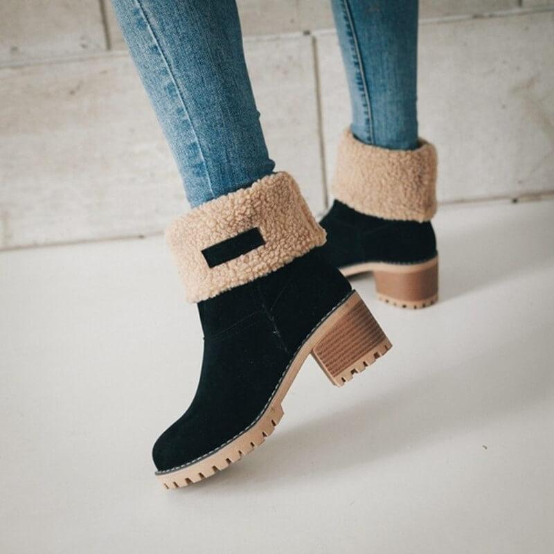 Women's Foldover Ankle Boots in Black, Brown & Grey for Autumn Days | Warm Block Heel Winter Footwear with Cushioned Lining | Koossa