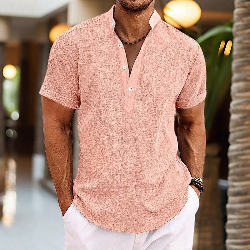 Men's Short Sleeve Band Collar Shirt in Lightweight Cotton Blend for Summer Occasions and Casual Weekend Wear | Koossa