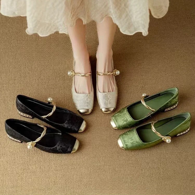 Women's Pearl-Embellished Mary Jane Shoes with Low Block Heel in Green, Black & Beige – Elegant Vintage-Inspired Footwear with Braided Strap Detail for Special Occasions and Everyday Wear | Koossa