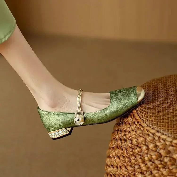 Women's Pearl-Embellished Mary Jane Shoes with Low Block Heel in Green, Black & Beige – Elegant Vintage-Inspired Footwear with Braided Strap Detail for Special Occasions and Everyday Wear | Koossa