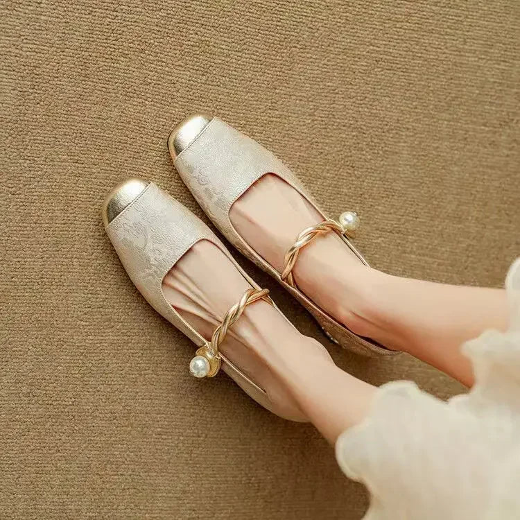 Women's Pearl-Embellished Mary Jane Shoes with Low Block Heel in Green, Black & Beige – Elegant Vintage-Inspired Footwear with Braided Strap Detail for Special Occasions and Everyday Wear | Koossa