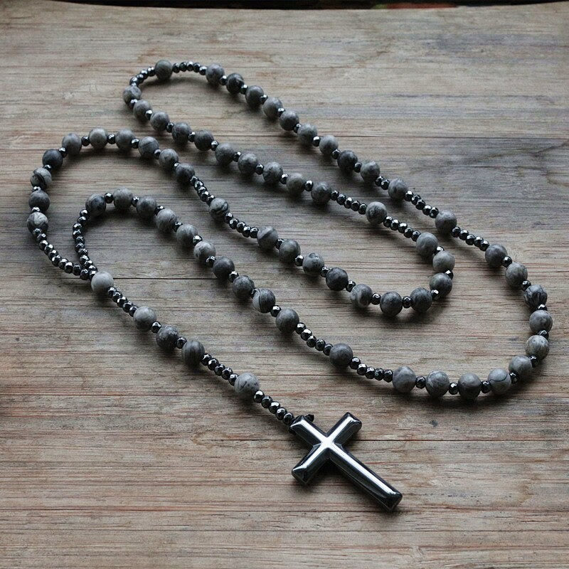 Natural Stone Rosary Necklace with Cross Pendant for Men – Tiger Eye, Lapis Lazuli, Jasper – Adjustable Length Beaded Chain | Lonoma
