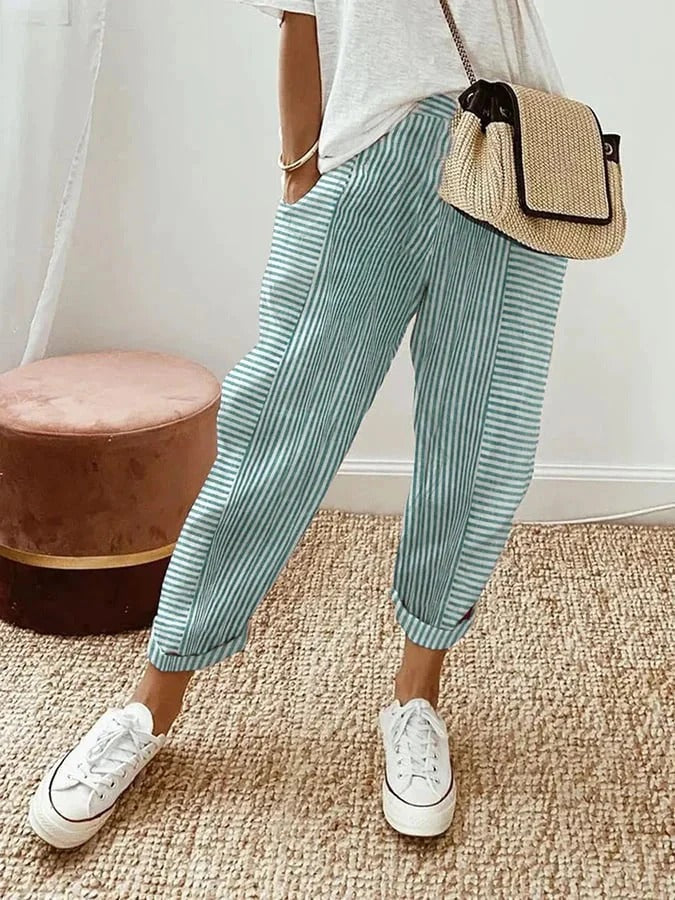 Lightweight Striped Wide-Leg Trousers with Elasticated Waist in Six Colours – Perfect for Warm-Weather Leisure and Travel | Koossa