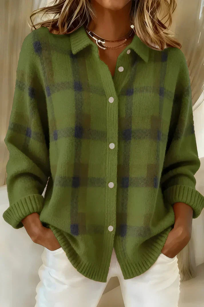 Women's Longline Button-Front Checkered Cardigan in Soft Knit | Relaxed Fit Layering Piece for Cool Days and Casual Elegance | Koossa