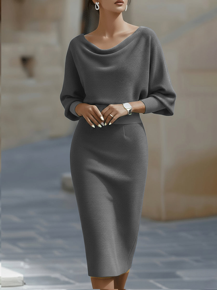 Women's Draped Cowl Neck Midi Dress with Batwing Sleeves in White | Elegant Fitted Pencil Skirt Dress for Cocktails Dinners Formal Occasions All-Year Sophisticated Classic Feminine Hourglass Silhouette | Koossa