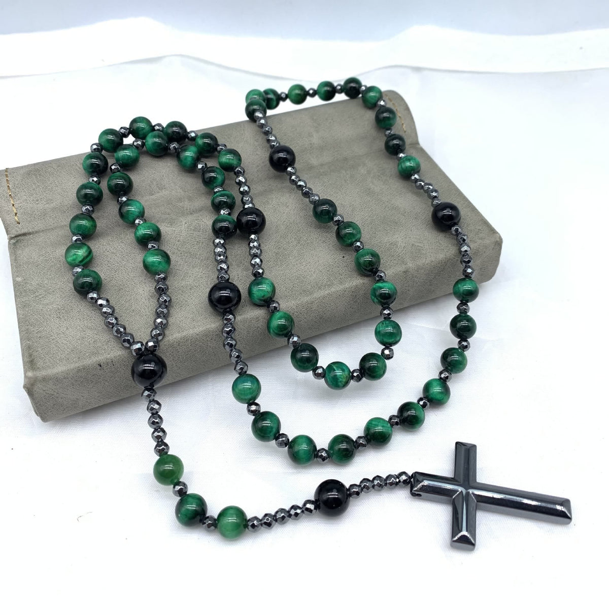 Natural Stone Rosary Necklace with Cross Pendant for Men – Tiger Eye, Lapis Lazuli, Jasper – Adjustable Length Beaded Chain | Lonoma