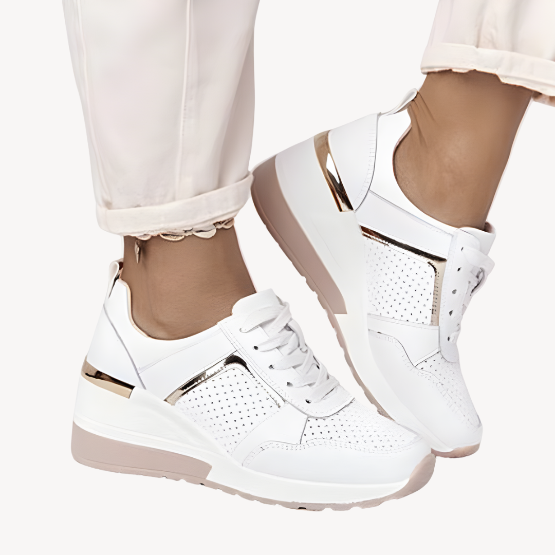Women's Leather Wedge Trainers with Hidden Heel in Beige, Grey, Pink & White – Elevated Comfort for Town & Country | Koossa