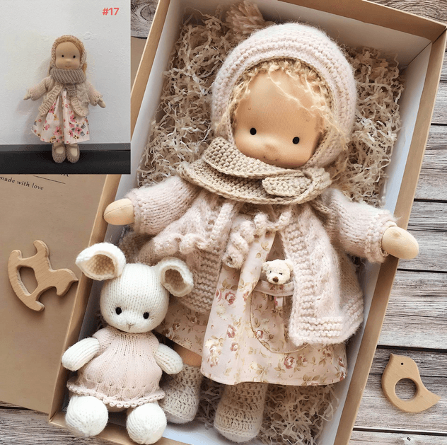 Handmade Waldorf Doll 11 in, Natural Cotton & Wool Soft Doll with Knit Dress, Heirloom Keepsake Toy Gift for Kids Ages 3+ | Lonoma
