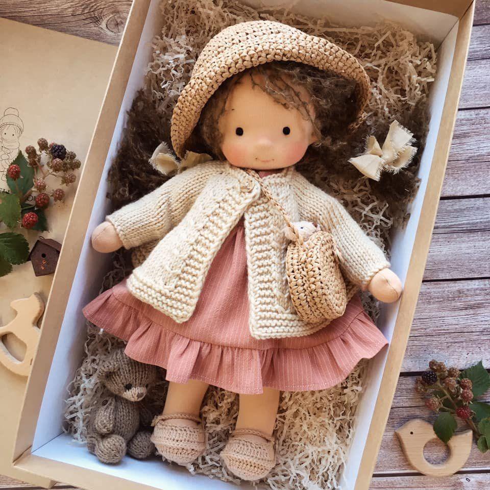 Handmade Waldorf Doll 11 in, Natural Cotton & Wool Soft Doll with Knit Dress, Heirloom Keepsake Toy Gift for Kids Ages 3+ | Lonoma