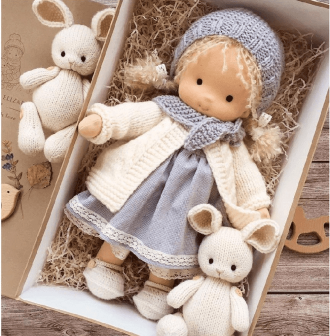Handmade Waldorf Doll 11 in, Natural Cotton & Wool Soft Doll with Knit Dress, Heirloom Keepsake Toy Gift for Kids Ages 3+ | Lonoma