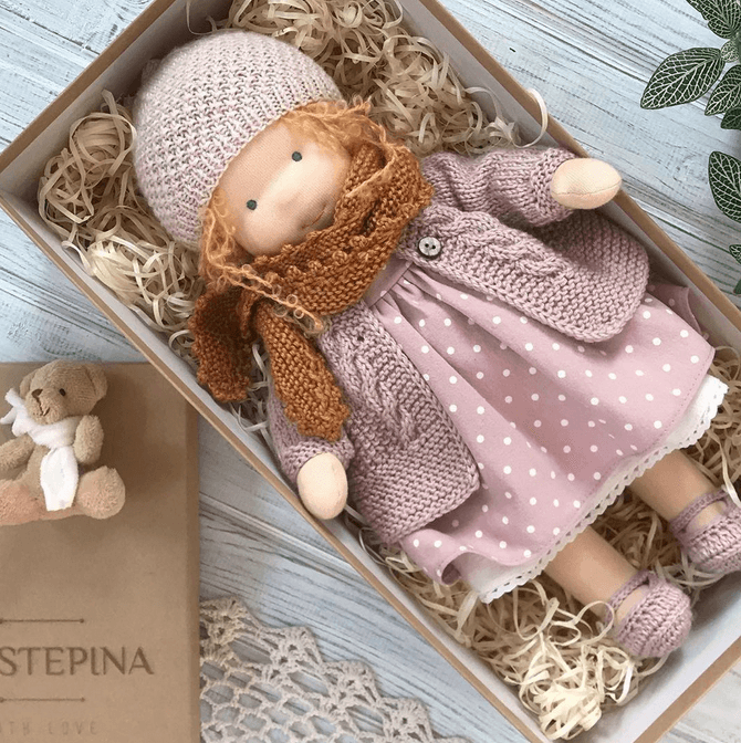 Handmade Waldorf Doll 11 in, Natural Cotton & Wool Soft Doll with Knit Dress, Heirloom Keepsake Toy Gift for Kids Ages 3+ | Lonoma