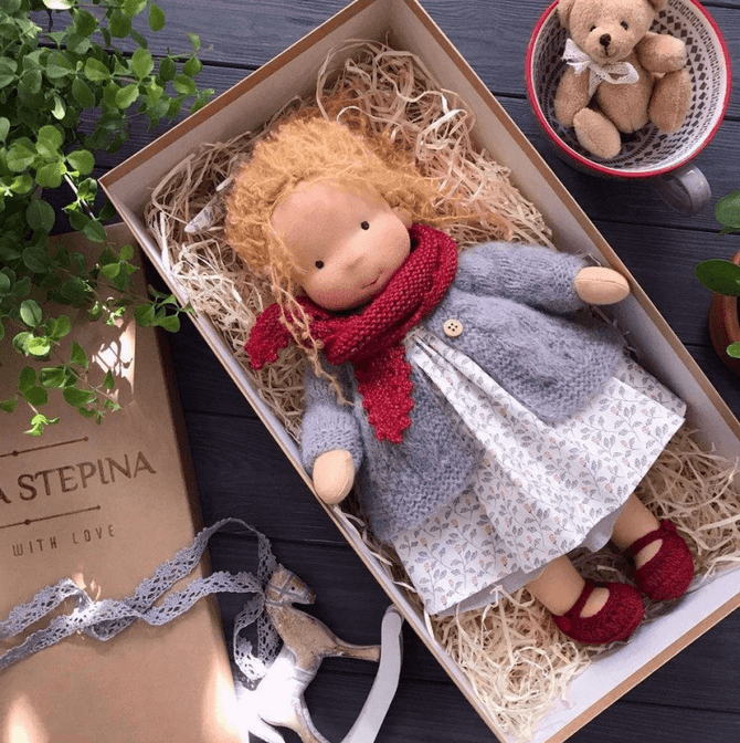Handmade Waldorf Doll 11 in, Natural Cotton & Wool Soft Doll with Knit Dress, Heirloom Keepsake Toy Gift for Kids Ages 3+ | Lonoma