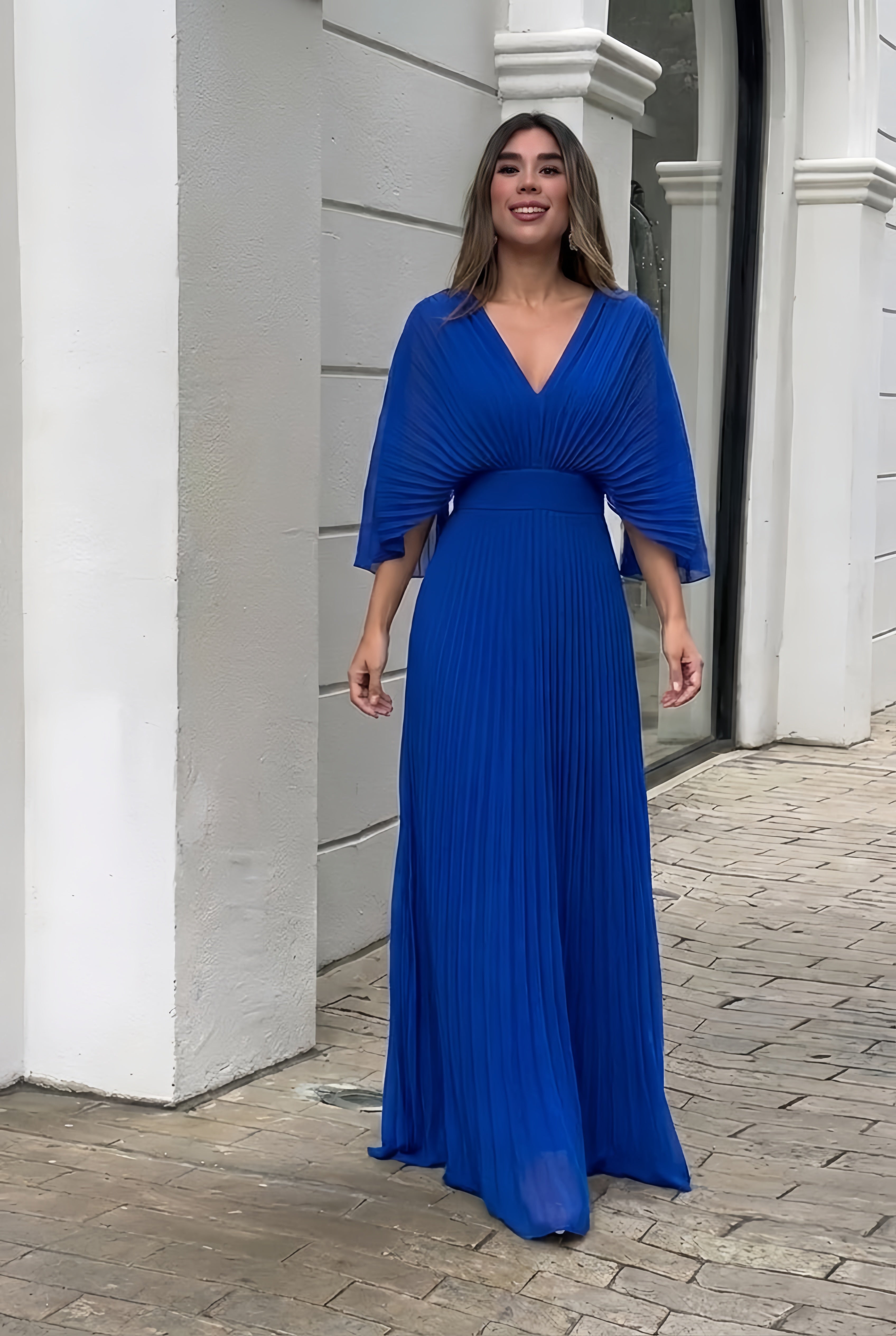 Women's Flowing Pleated Maxi Dress with V-Neckline and Kimono Sleeves | Koossa