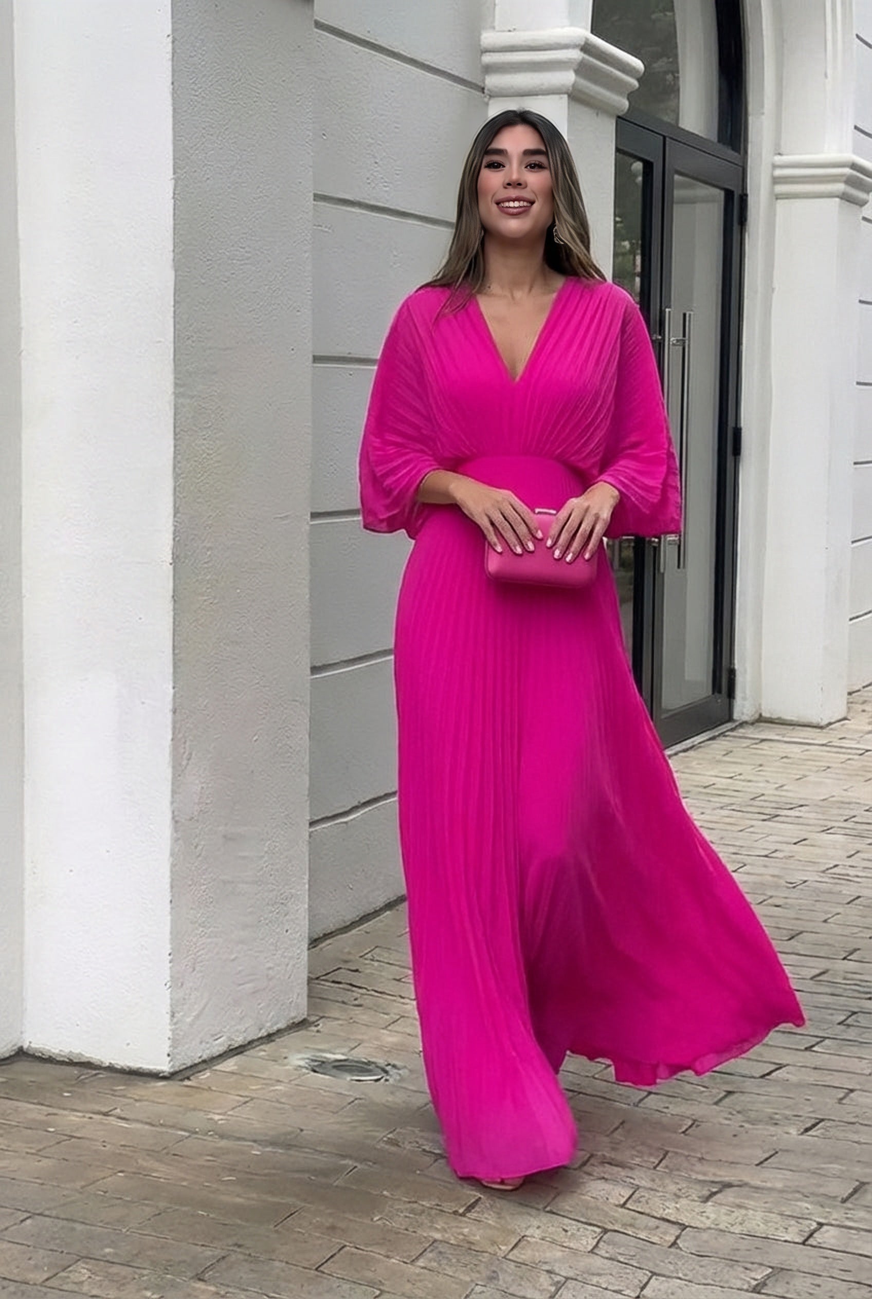 Women's Flowing Pleated Maxi Dress with V-Neckline and Kimono Sleeves | Koossa