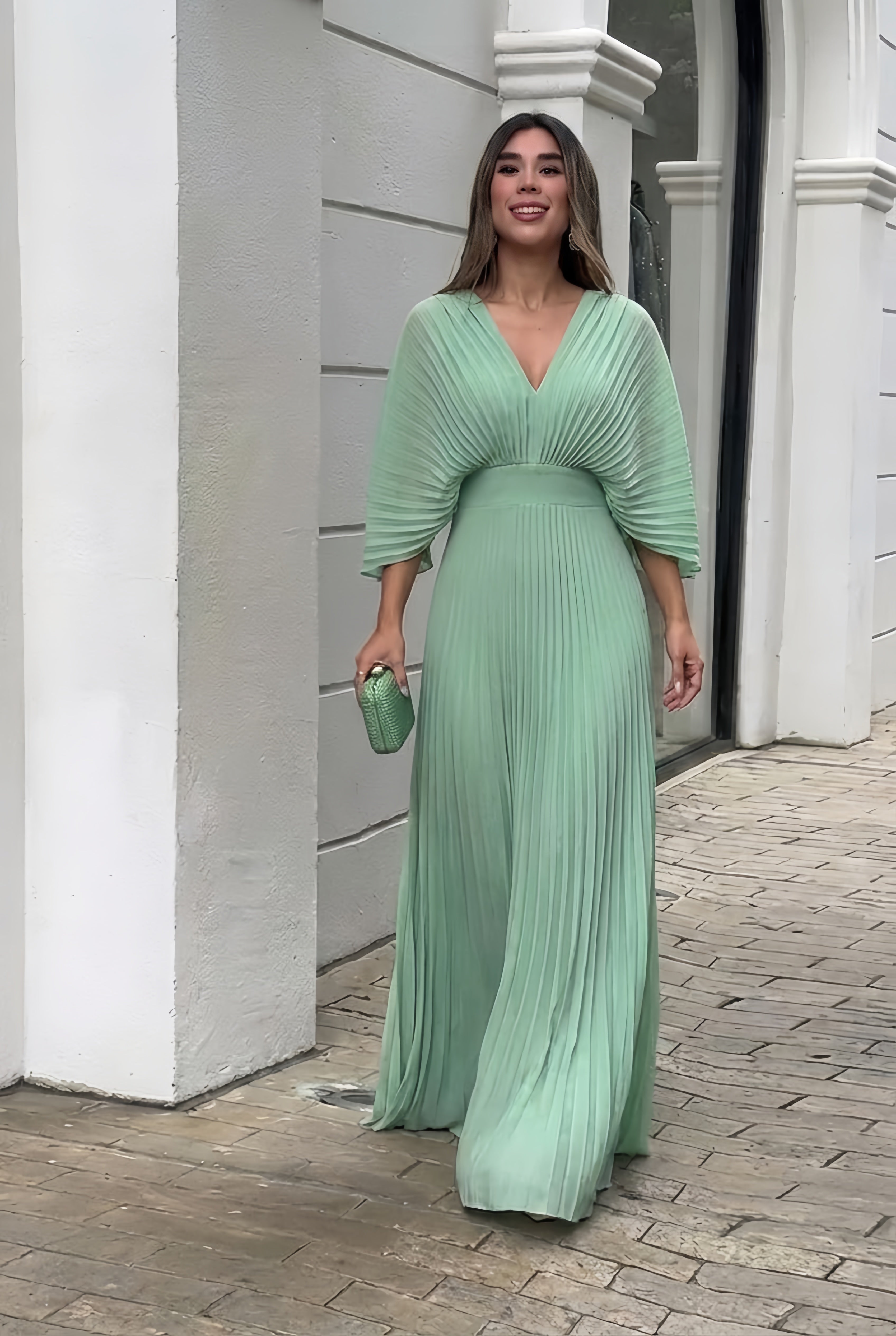 Women's Flowing Pleated Maxi Dress with V-Neckline and Kimono Sleeves | Koossa