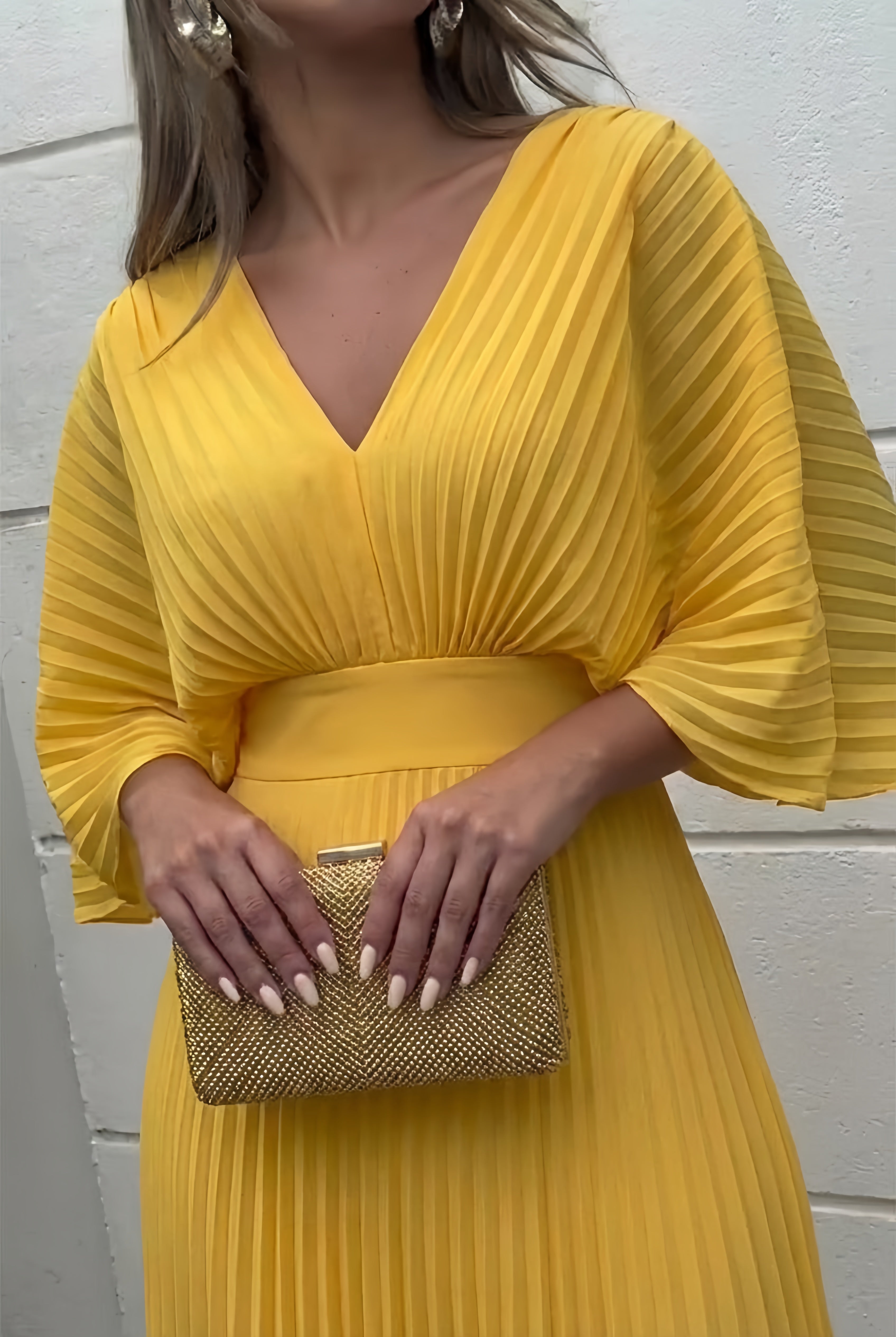 Women's Flowing Pleated Maxi Dress with V-Neckline and Kimono Sleeves | Koossa