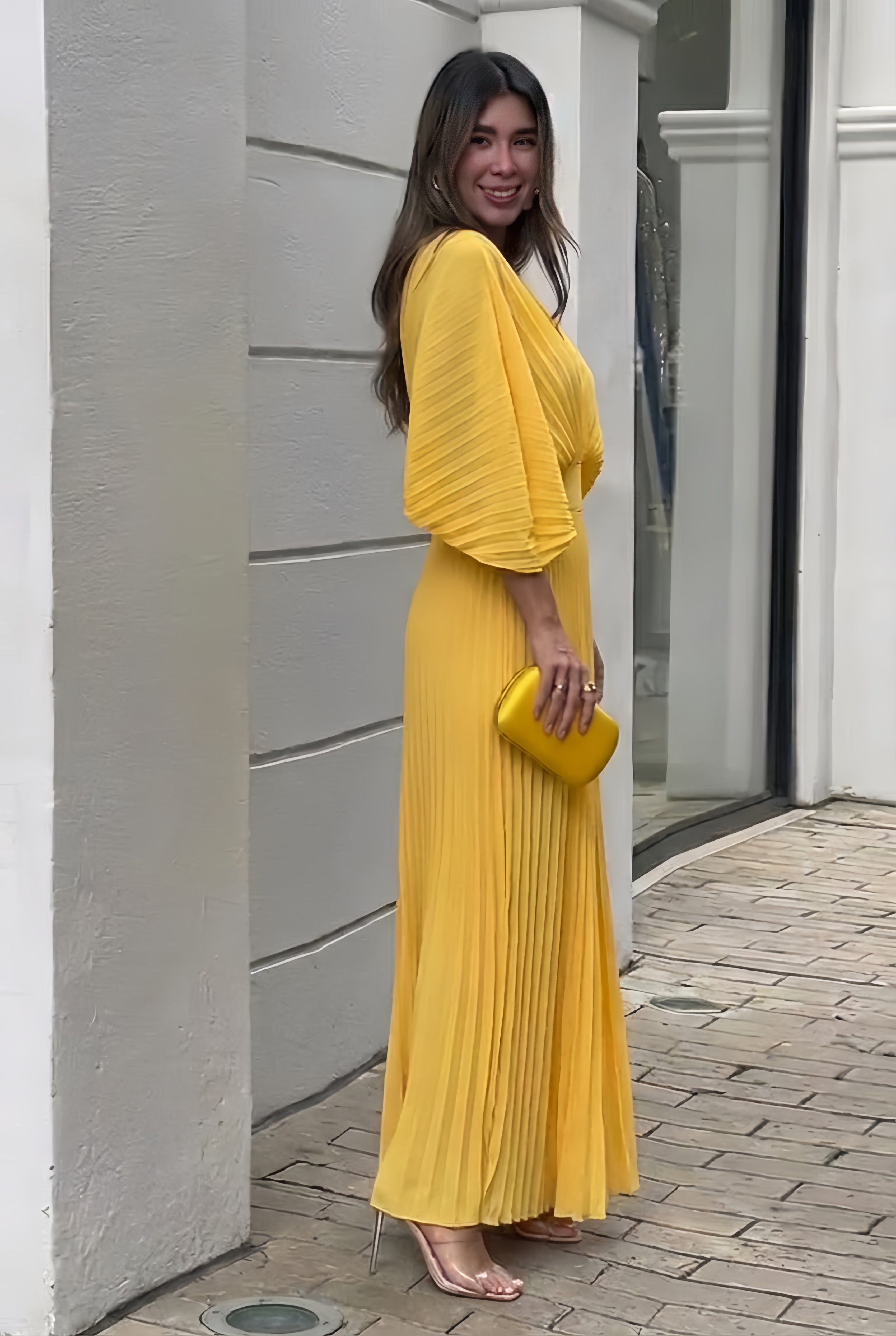 Women's Flowing Pleated Maxi Dress with V-Neckline and Kimono Sleeves | Koossa