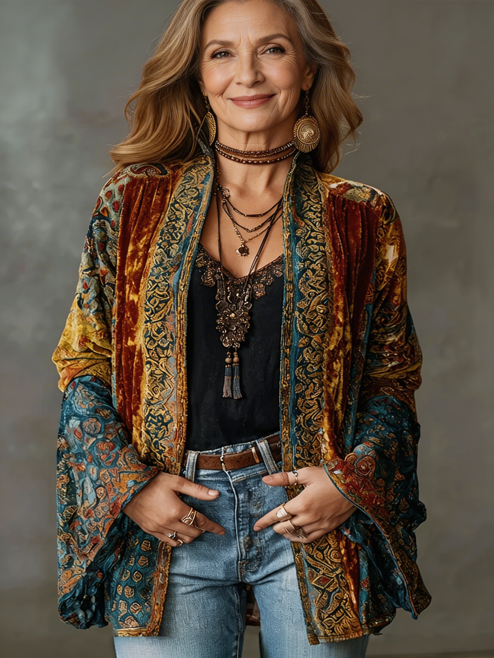 Women's Bohemian Open-Front Cardigan with Tapestry Pattern in Velvet-Touch Fabric | Elegant Layering Piece with Wide Sleeves | Koossa