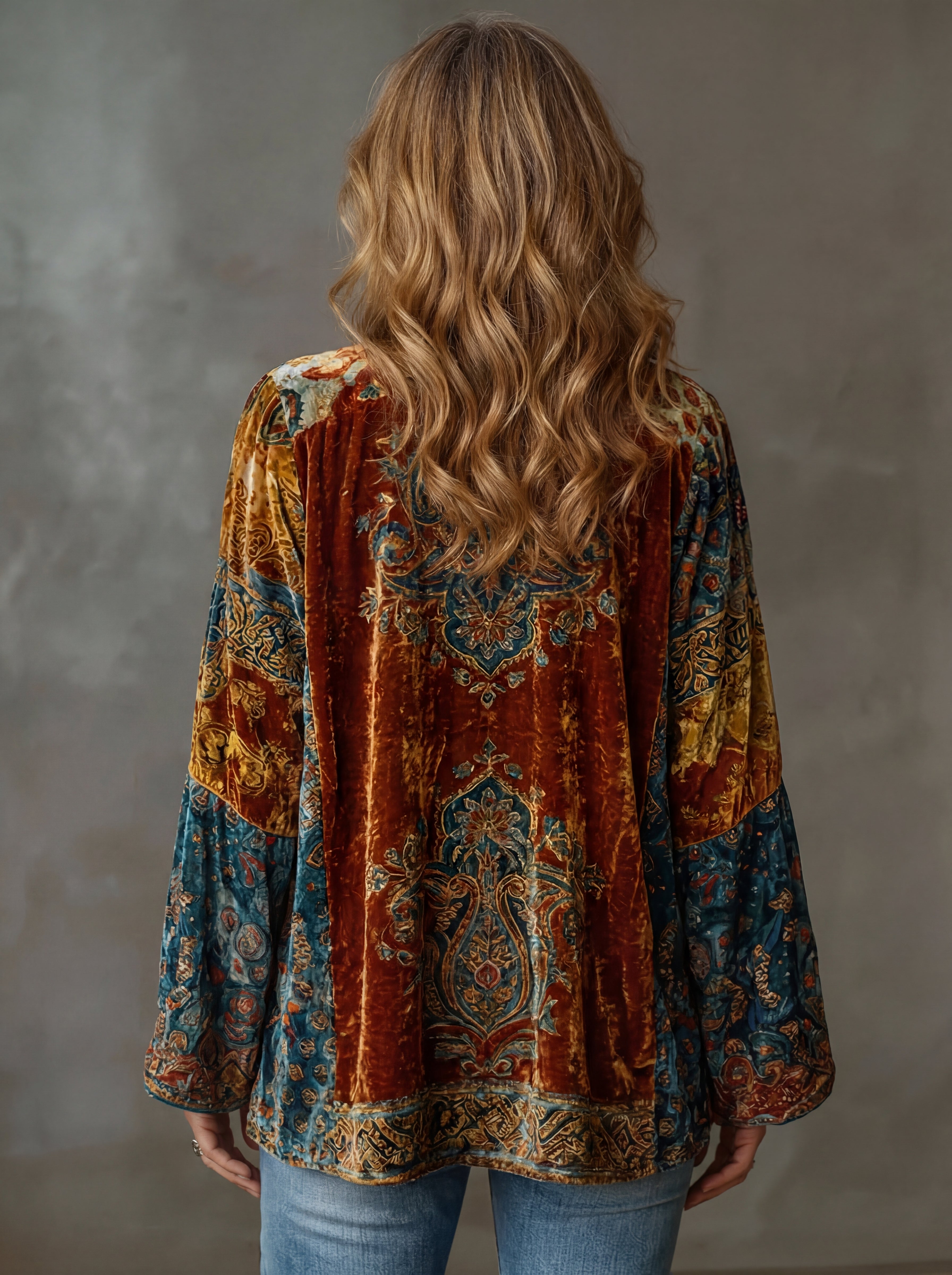 Women's Bohemian Open-Front Cardigan with Tapestry Pattern in Velvet-Touch Fabric | Elegant Layering Piece with Wide Sleeves | Koossa