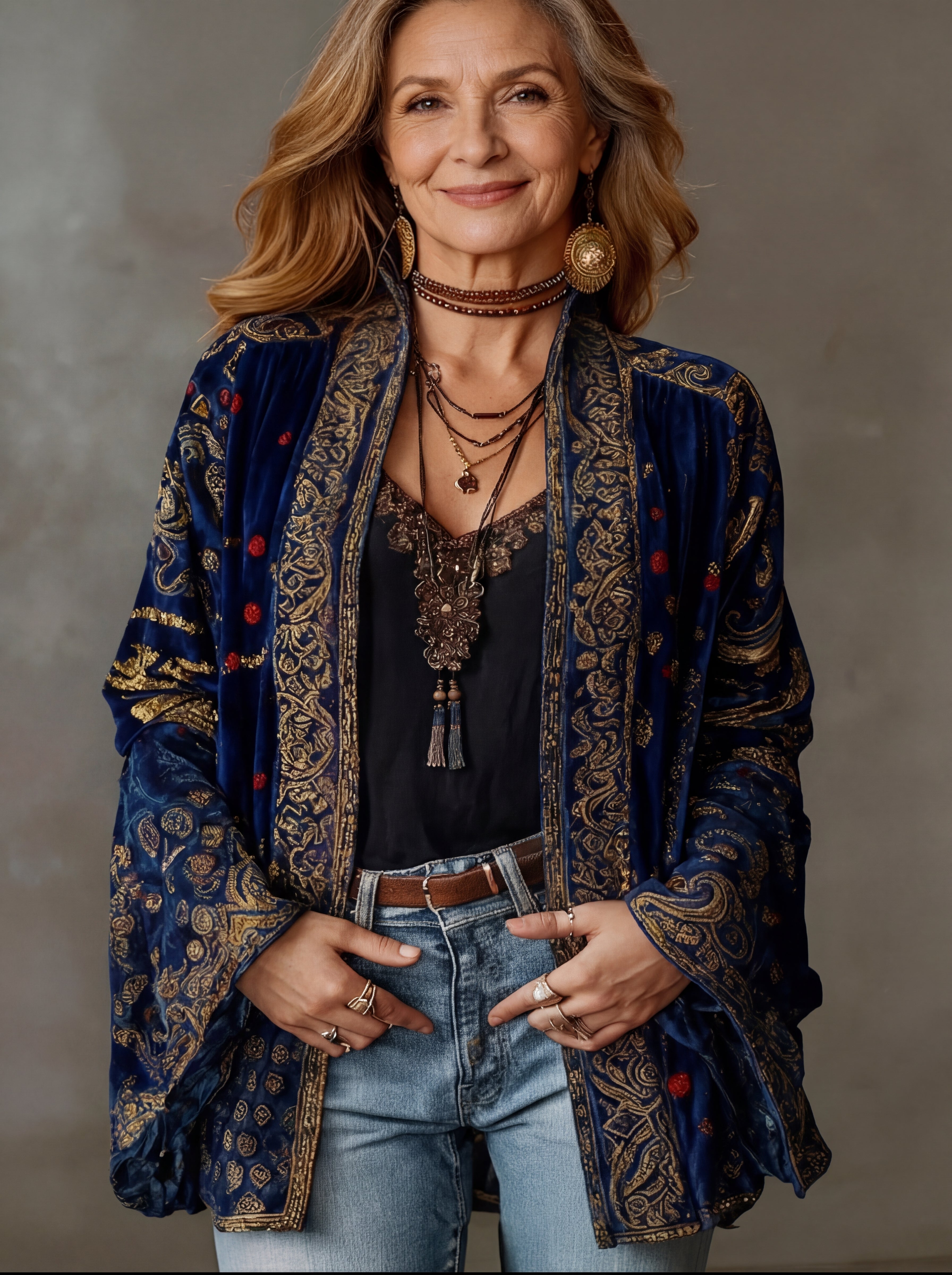 Women's Bohemian Open-Front Cardigan with Tapestry Pattern in Velvet-Touch Fabric | Elegant Layering Piece with Wide Sleeves | Koossa