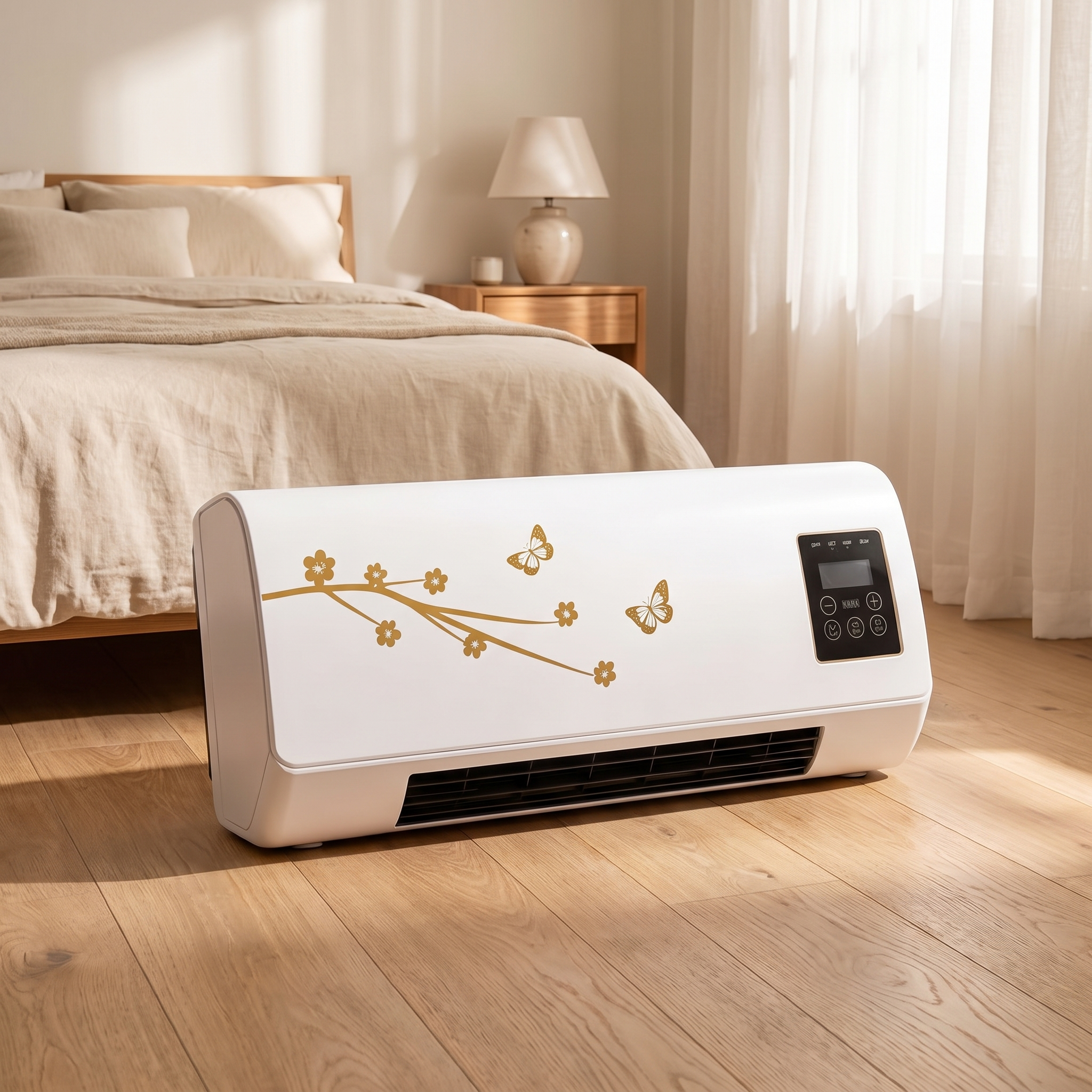 Mobiele airco in een slaapkamer naast het bed