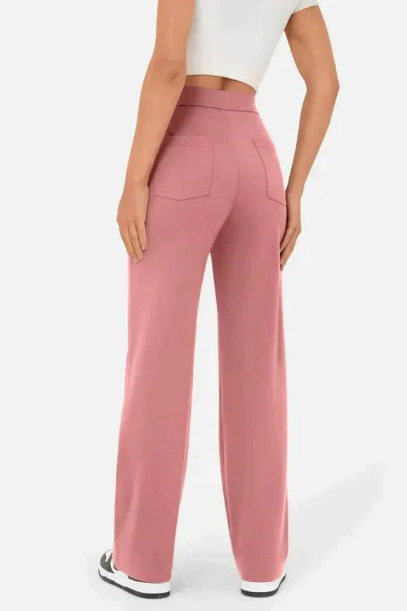 High-Waisted Wide-Leg Trousers with Button Detail in Soft Stretch Fabric | Women's Casual Elegance Everyday Relaxed Fit Statement Bottoms | Koossa