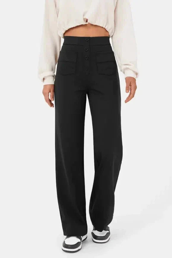 High-Waisted Wide-Leg Trousers with Button Detail in Soft Stretch Fabric | Women's Casual Elegance Everyday Relaxed Fit Statement Bottoms | Koossa