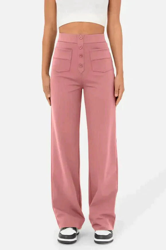 High-Waisted Wide-Leg Trousers with Button Detail in Soft Stretch Fabric | Women's Casual Elegance Everyday Relaxed Fit Statement Bottoms | Koossa