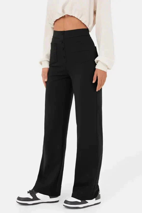 High-Waisted Wide-Leg Trousers with Button Detail in Soft Stretch Fabric | Women's Casual Elegance Everyday Relaxed Fit Statement Bottoms | Koossa
