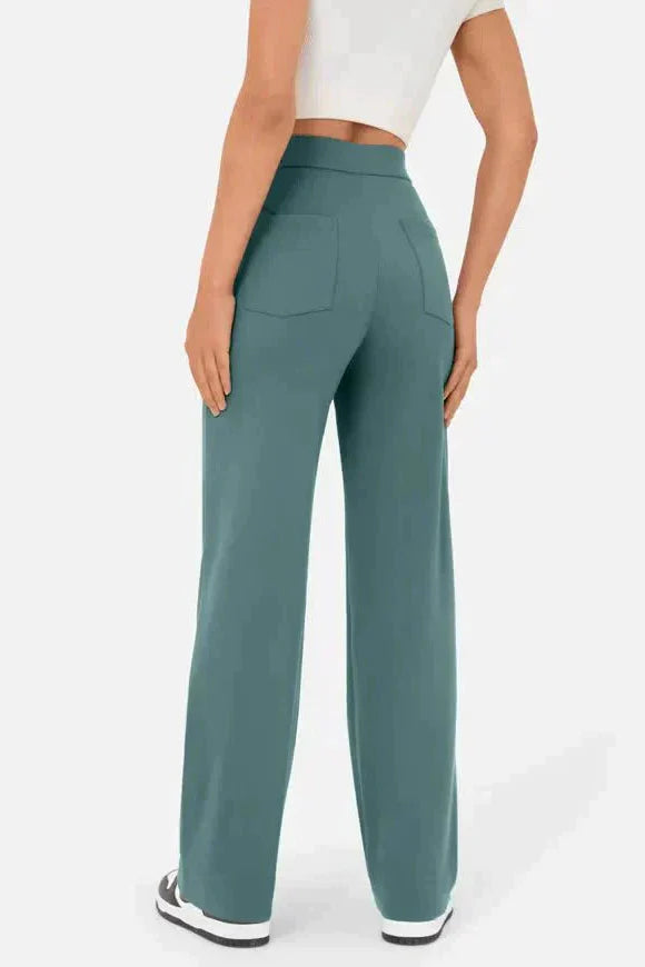High-Waisted Wide-Leg Trousers with Button Detail in Soft Stretch Fabric | Women's Casual Elegance Everyday Relaxed Fit Statement Bottoms | Koossa