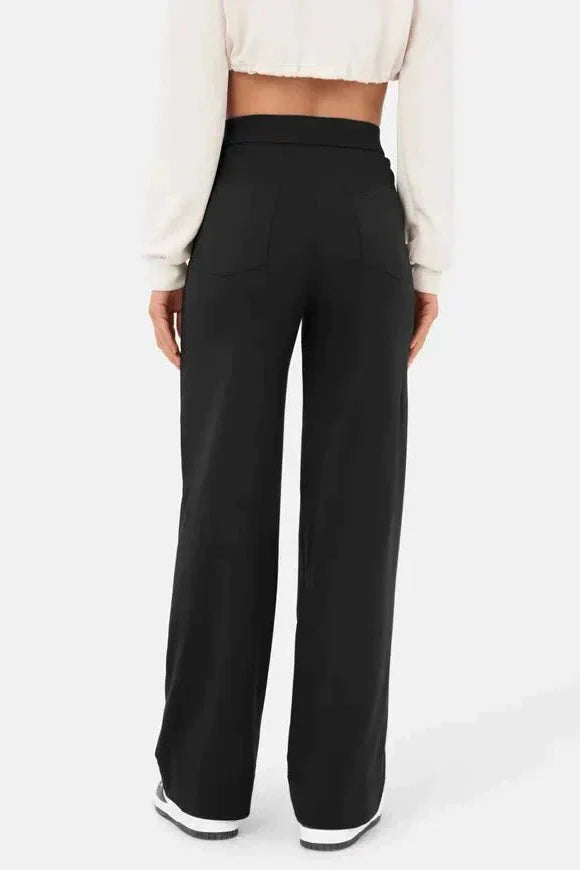 High-Waisted Wide-Leg Trousers with Button Detail in Soft Stretch Fabric | Women's Casual Elegance Everyday Relaxed Fit Statement Bottoms | Koossa